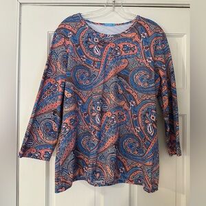 J Mclaughlin Blue Orange Signature Mini Leaf Paisley 3/4 Sleeve Print Top XL